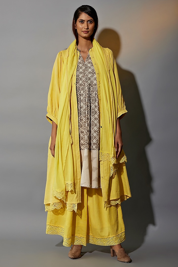 Brown & Yellow Natural Dyed Cotton Blend Tunic Set by Jayati Goenka