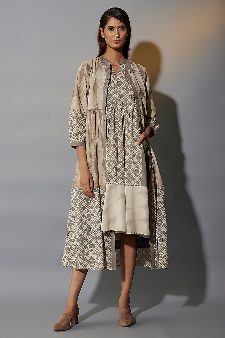Brown Natural Dyed Cotton Blend Handblock Printed Jacket Dress by Jayati Goenka