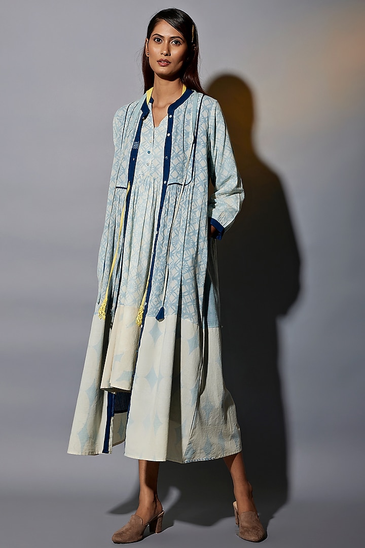 Light Blue Cotton Blend Natural Dyed & Hand Block Printed Jacket Dress by Jayati Goenka
