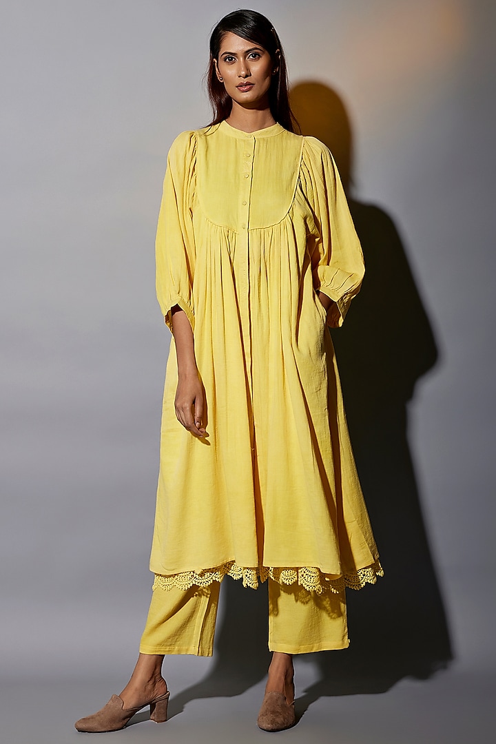 Yellow Natural Dyed Cotton Blend Handblock Printed Tunic Set by Jayati Goenka