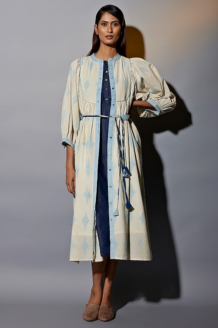 Light Blue Natural Dyed Cotton Blend & Denim Handblock Printed Jacket Dress by Jayati Goenka