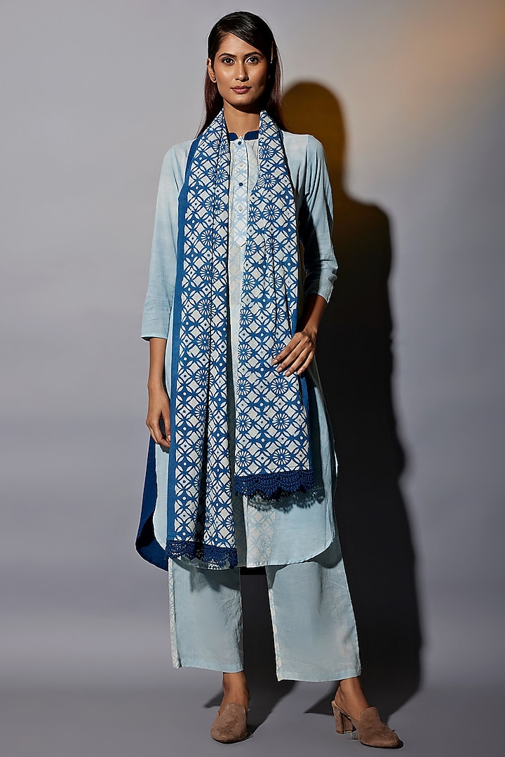 Light Blue Natural Dyed Cotton Blend Handblock Printed Tunic Set by Jayati Goenka