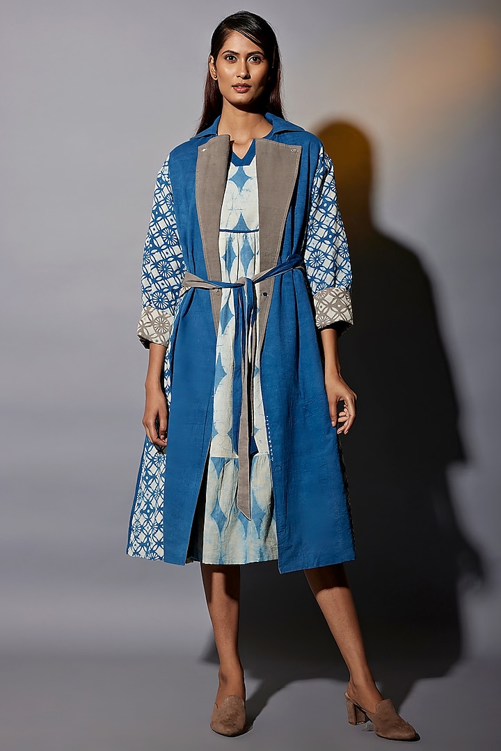 Blue & Brown Natural Dyed Cotton Blend Jacket Dress by Jayati Goenka