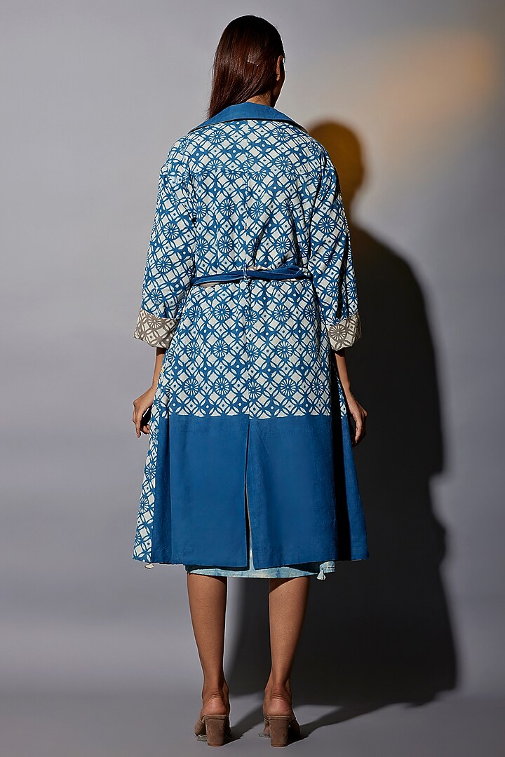 Blue & Brown Natural Dyed Cotton Blend Jacket Summer Dress by Jayati Goenka at Pernia's Pop Up Shop