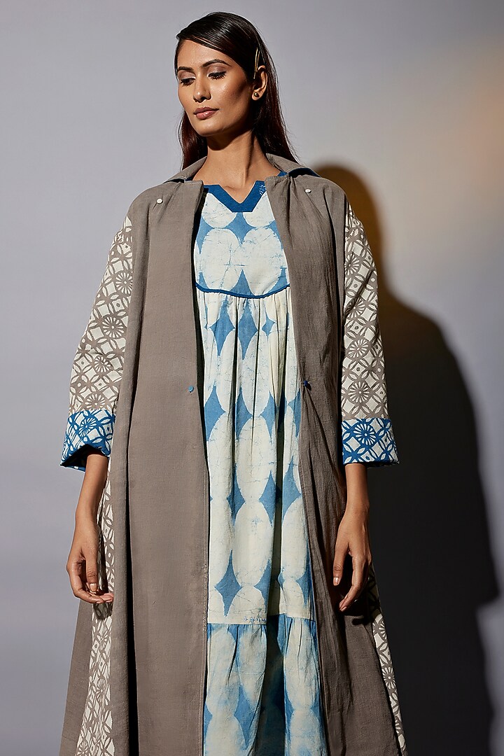 Blue & Brown Natural Dyed Cotton Blend Jacket Summer Dress by Jayati Goenka at Pernia's Pop Up Shop