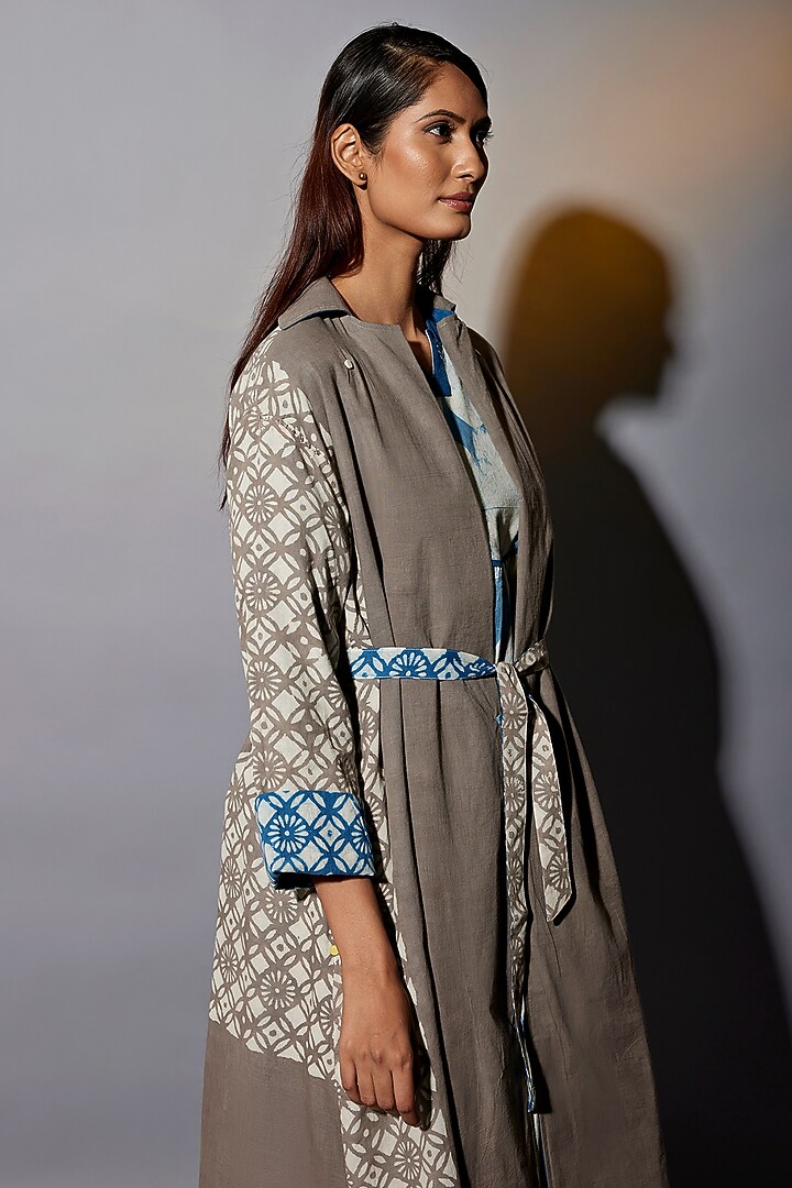 Blue & Brown Natural Dyed Cotton Blend Jacket Summer Dress by Jayati Goenka at Pernia's Pop Up Shop