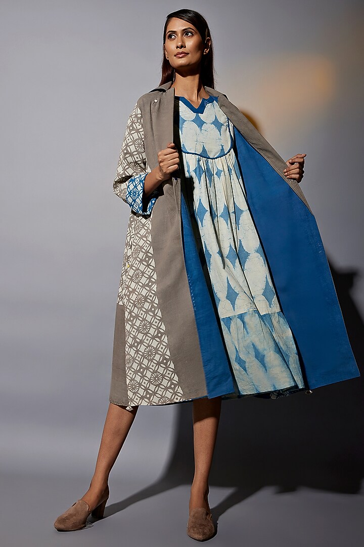 Blue & Brown Natural Dyed Cotton Blend Jacket Summer Dress by Jayati Goenka at Pernia's Pop Up Shop