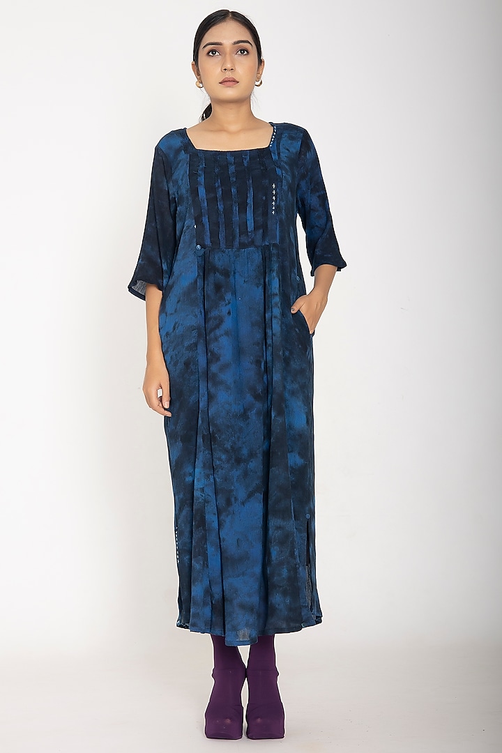 Indigo Blue Cotton Crepe Dress by Jayati Goenka