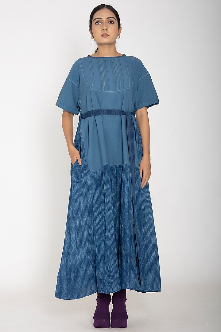 Indigo Blue Cotton Printed Dress by Jayati Goenka