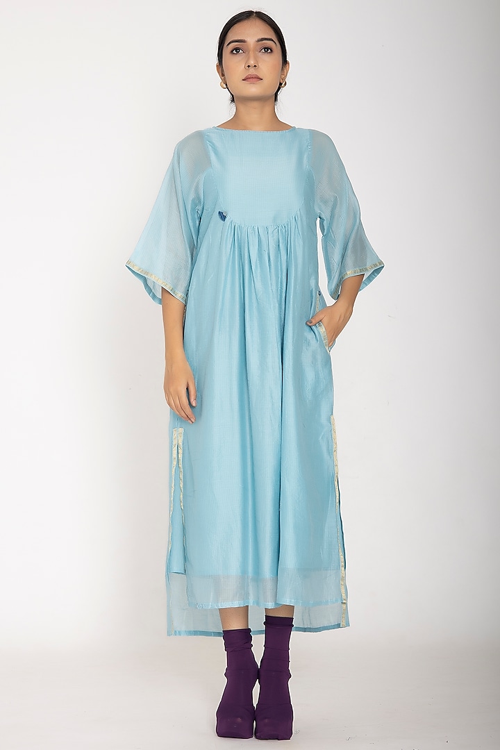 Aqua Cotton Handwoven Dress by Jayati Goenka