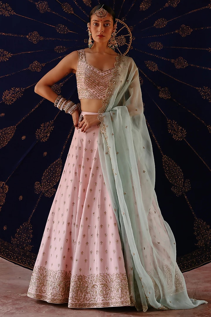 Baby Pink Chanderi & Organza Hand Embroidered Wedding Lehenga Set by Jigar Mali at Pernia's Pop Up Shop