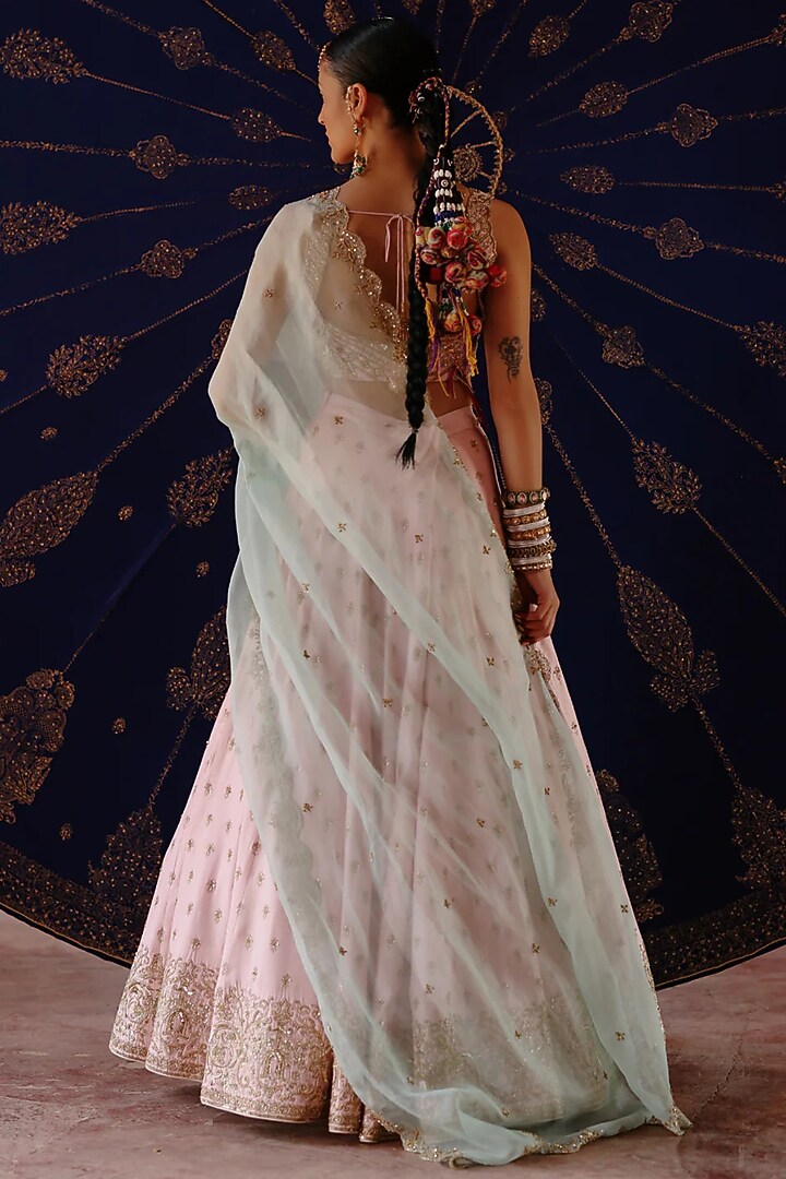 Baby Pink Chanderi & Organza Hand Embroidered Wedding Lehenga Set by Jigar Mali at Pernia's Pop Up Shop