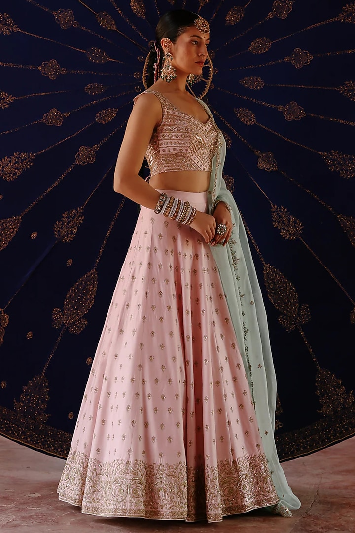 Baby Pink Chanderi & Organza Hand Embroidered Wedding Lehenga Set by Jigar Mali at Pernia's Pop Up Shop