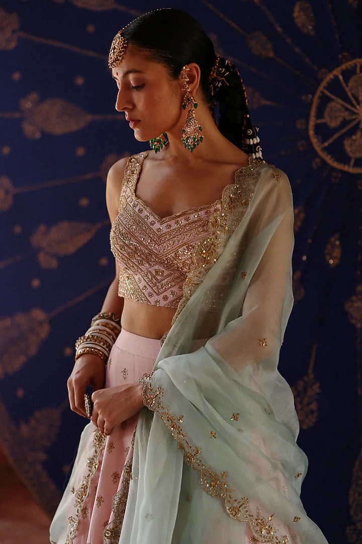 Baby Pink Chanderi & Organza Hand Embroidered Wedding Lehenga Set by Jigar Mali at Pernia's Pop Up Shop