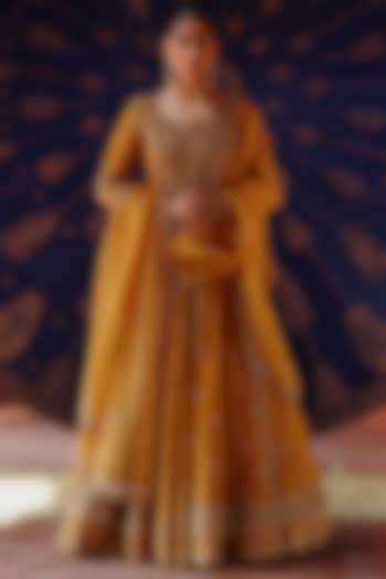 Mustard Yellow Chanderi & Organza Hand Embroidered Jacket Bridal Lehenga Set by Jigar Mali at Pernia's Pop Up Shop