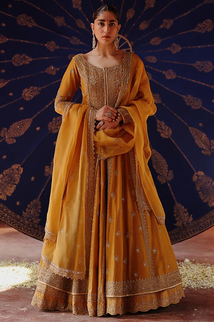 Mustard Yellow Chanderi & Organza Hand Embroidered Jacket Bridal Lehenga Set by Jigar Mali at Pernia's Pop Up Shop