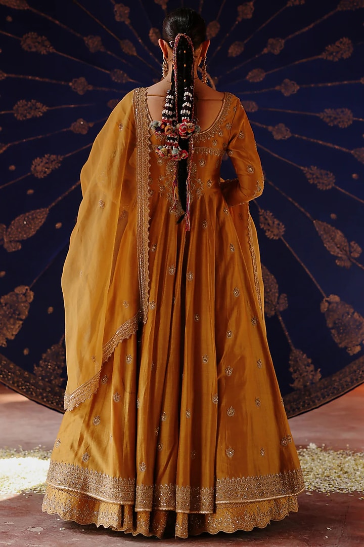Mustard Yellow Chanderi & Organza Hand Embroidered Jacket Bridal Lehenga Set by Jigar Mali at Pernia's Pop Up Shop
