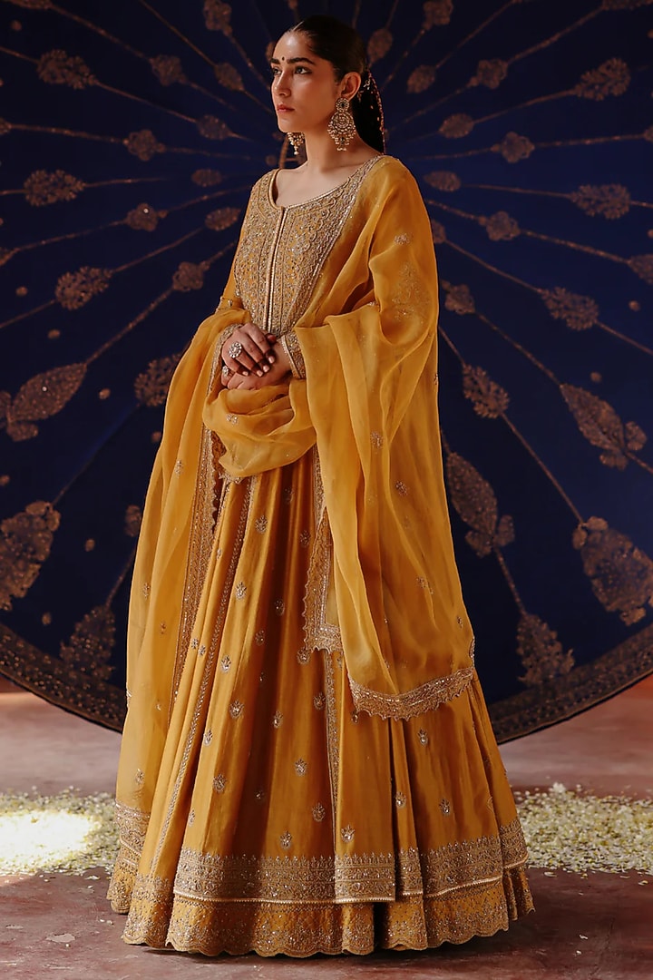 Mustard Yellow Chanderi & Organza Hand Embroidered Jacket Bridal Lehenga Set by Jigar Mali at Pernia's Pop Up Shop
