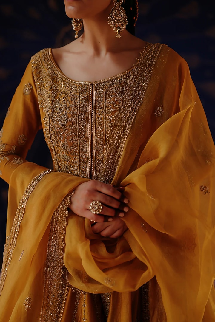 Mustard Yellow Chanderi & Organza Hand Embroidered Jacket Bridal Lehenga Set by Jigar Mali at Pernia's Pop Up Shop