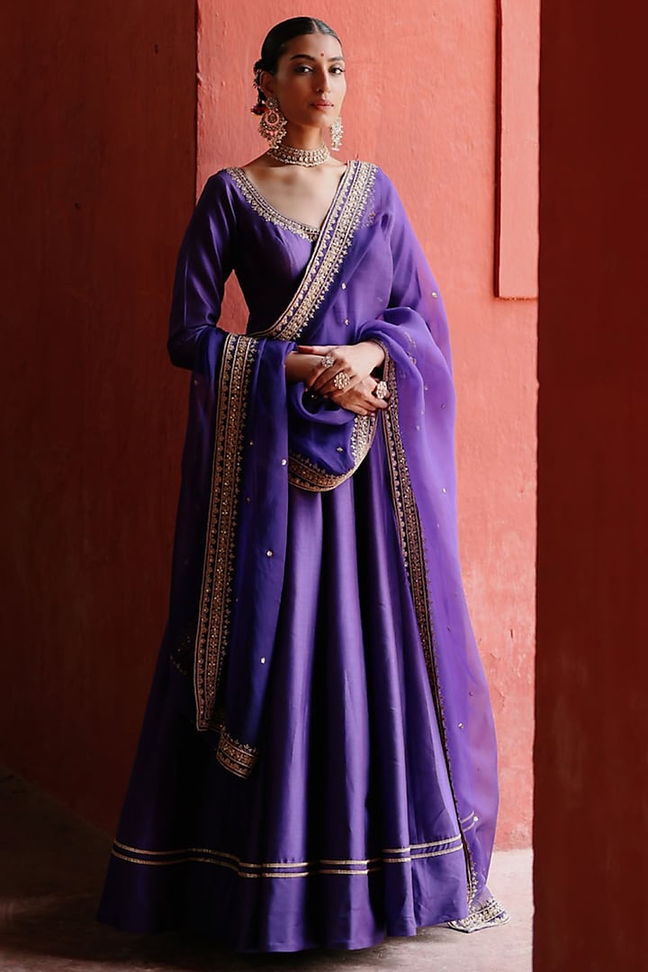 Purple Silk Hand Embroidered Wedding Anarkali Set by Jigar Mali at Pernia's Pop Up Shop
