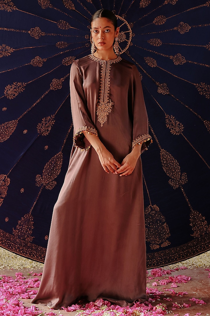 Dull Purple Satin Georgette Hand Embroidered Kaftan Set by Jigar Mali at Pernia's Pop Up Shop