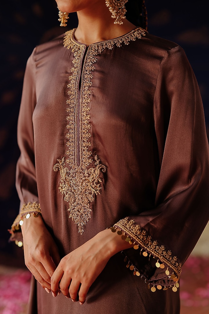 Dull Purple Satin Georgette Hand Embroidered Kaftan Set by Jigar Mali at Pernia's Pop Up Shop
