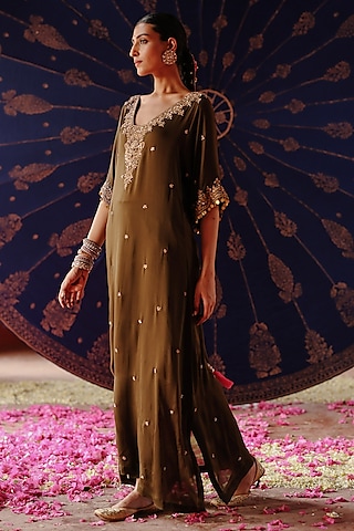 Olive Green Satin Georgette Hand Embroidered Kaftan Set by Jigar Mali
