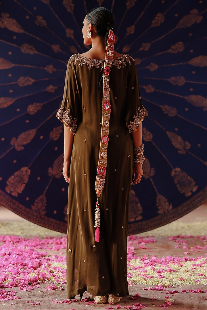 Olive Green Satin Georgette Hand Embroidered Kaftan Set by Jigar Mali at Pernia's Pop Up Shop