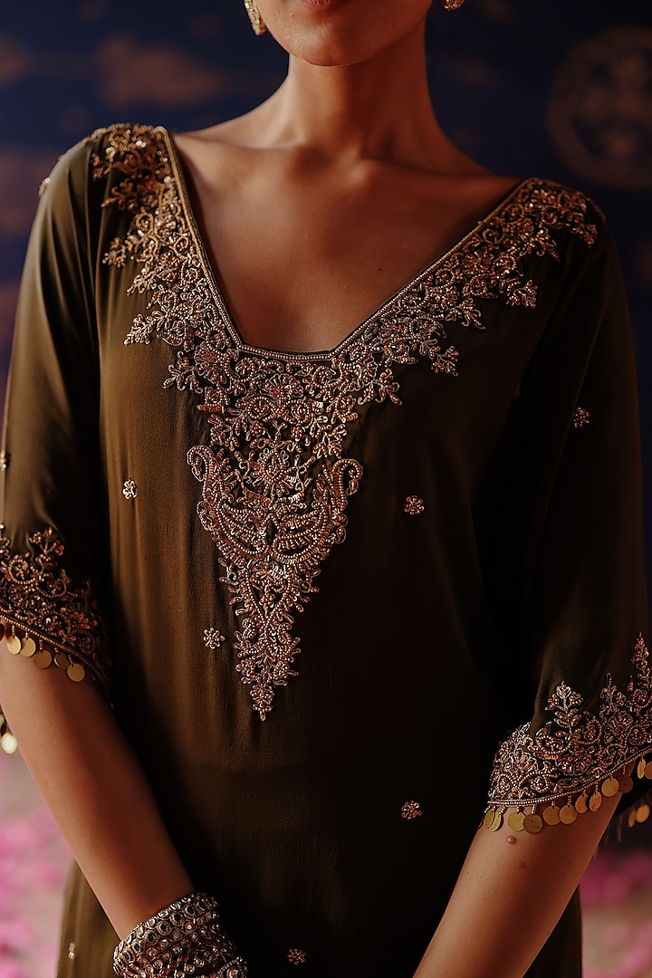 Olive Green Satin Georgette Hand Embroidered Kaftan Set by Jigar Mali at Pernia's Pop Up Shop