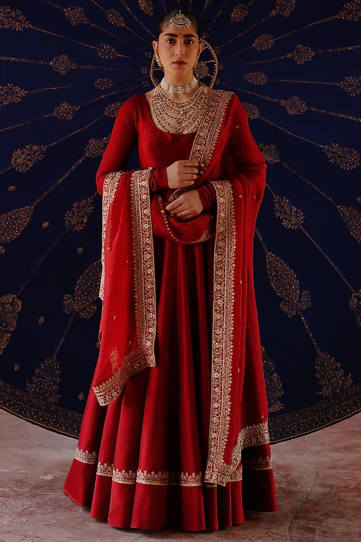 Maroon Chanderi & Organza Hand Embroidered Wedding Anarkali Set by Jigar Mali at Pernia's Pop Up Shop