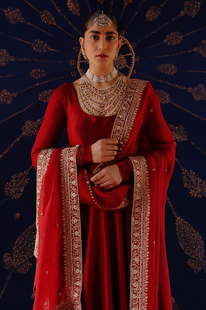 Maroon Chanderi & Organza Hand Embroidered Wedding Anarkali Set by Jigar Mali at Pernia's Pop Up Shop