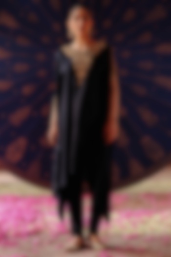 Navy Blue Satin Georgette Hand Embroidered Kaftan Set by Jigar Mali at Pernia's Pop Up Shop