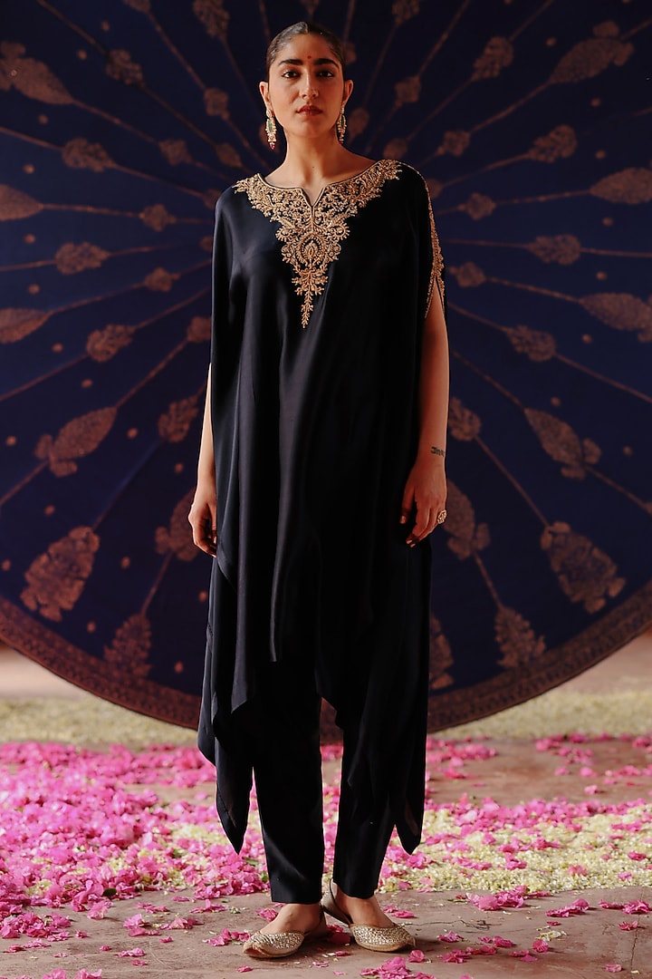 Navy Blue Satin Georgette Hand Embroidered Kaftan Set by Jigar Mali at Pernia's Pop Up Shop