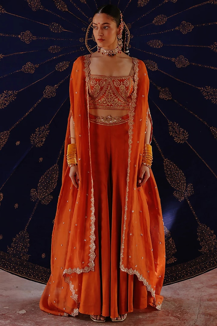 Rust Chanderi & Organza Hand Embroidered Cape Set by Jigar Mali at Pernia's Pop Up Shop