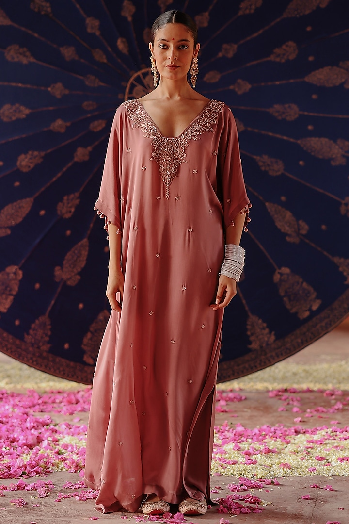 Lilac Satin Georgette Hand Embroidered Kaftan Set by Jigar Mali at Pernia's Pop Up Shop