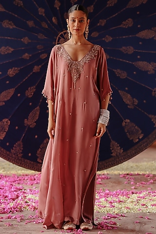 Lilac Satin Georgette Hand Embroidered Kaftan Set by Jigar Mali