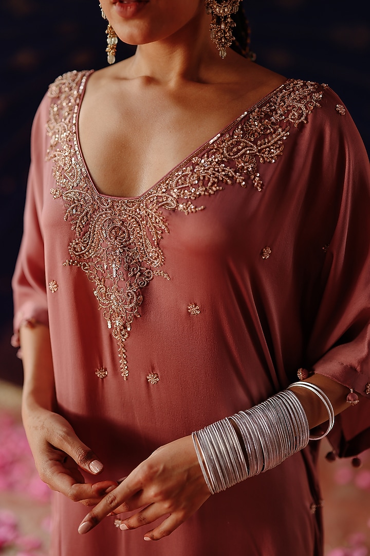 Lilac Satin Georgette Hand Embroidered Kaftan Set by Jigar Mali at Pernia's Pop Up Shop