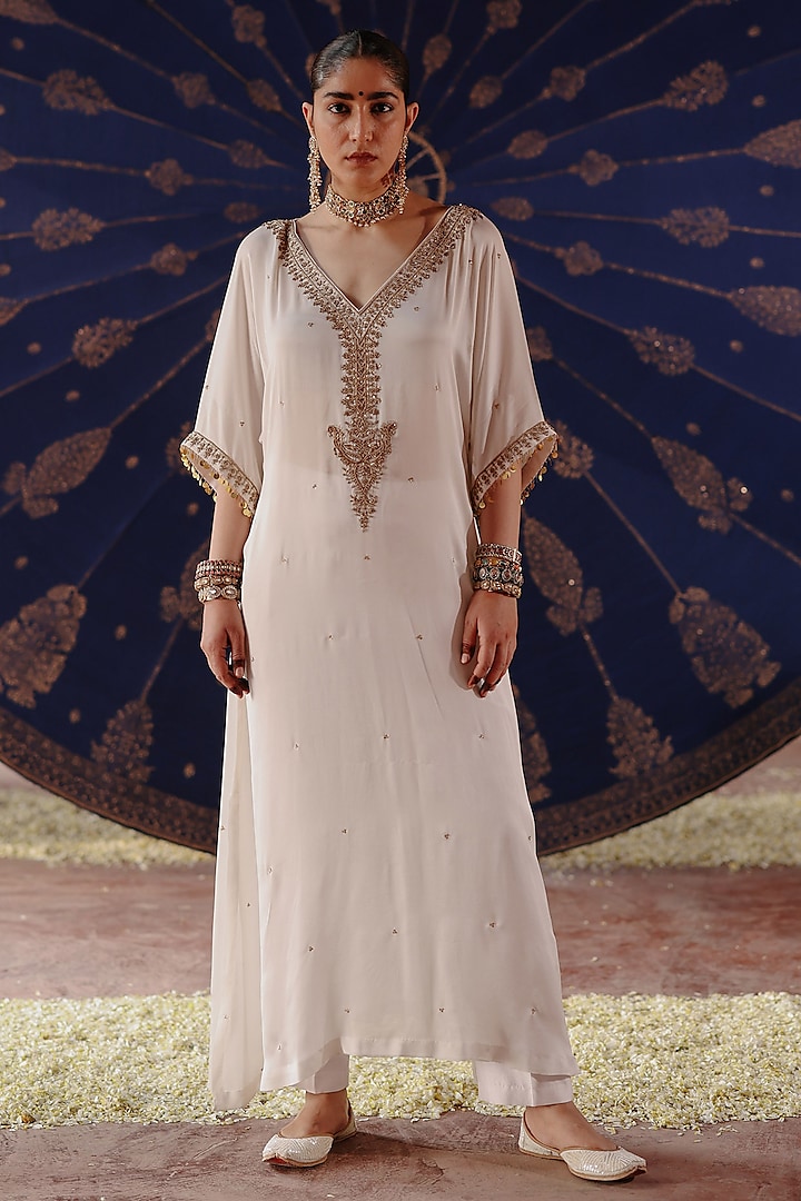 Ivory Satin Georgette Hand Embroidered Kaftan Set by Jigar Mali at Pernia's Pop Up Shop