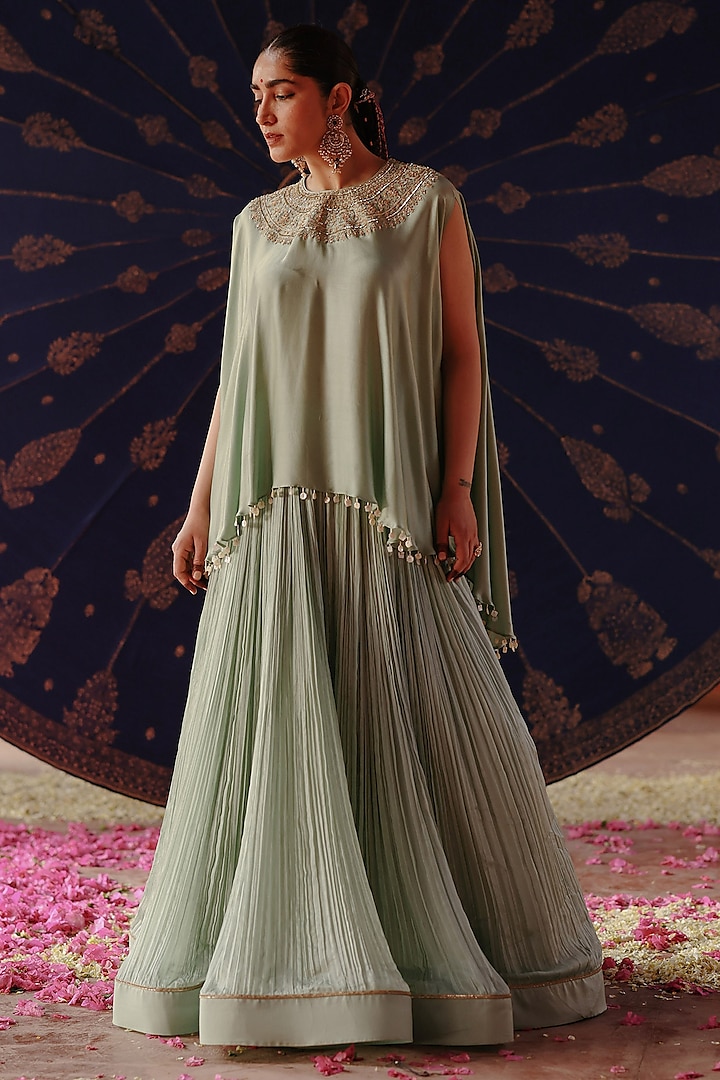 Sage Green Satin Georgette Hand Embroidered Kaftan Set by Jigar Mali at Pernia's Pop Up Shop