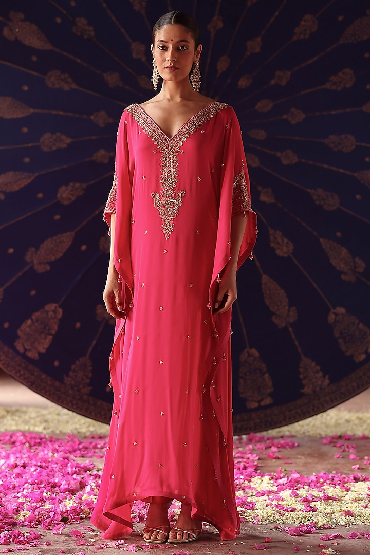 Hot Pink Satin Georgette Hand Embroidered Kaftan Set by Jigar Mali at Pernia's Pop Up Shop