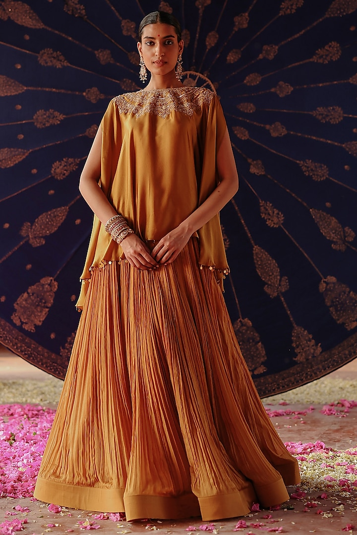 Mustard Satin Georgette Hand Embroidered Kaftan Set by Jigar Mali at Pernia's Pop Up Shop