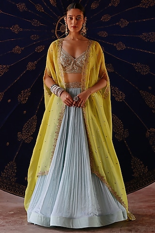 Yellow Silk Hand Embroidered Cape Set by Jigar Mali