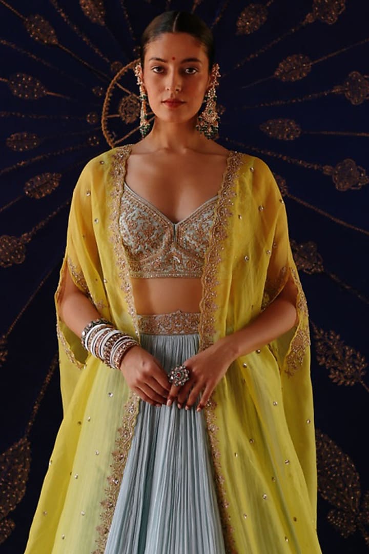Yellow Silk Hand Embroidered Cape Set by Jigar Mali at Pernia's Pop Up Shop