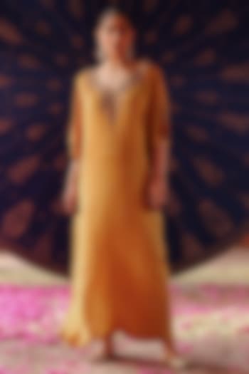 Mustard Satin Georgette Hand Embroidered Kaftan Set by Jigar Mali at Pernia's Pop Up Shop