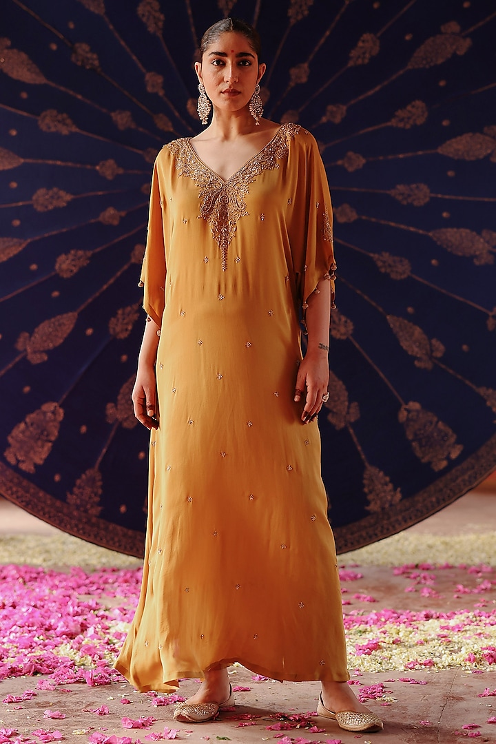 Mustard Satin Georgette Hand Embroidered Kaftan Set by Jigar Mali at Pernia's Pop Up Shop