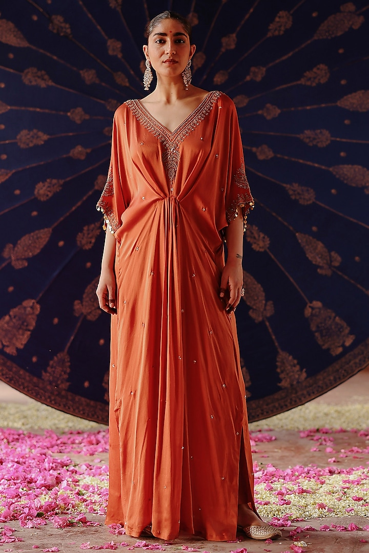 Rust Orange Satin Georgette Hand Embroidered Kaftan Set by Jigar Mali at Pernia's Pop Up Shop