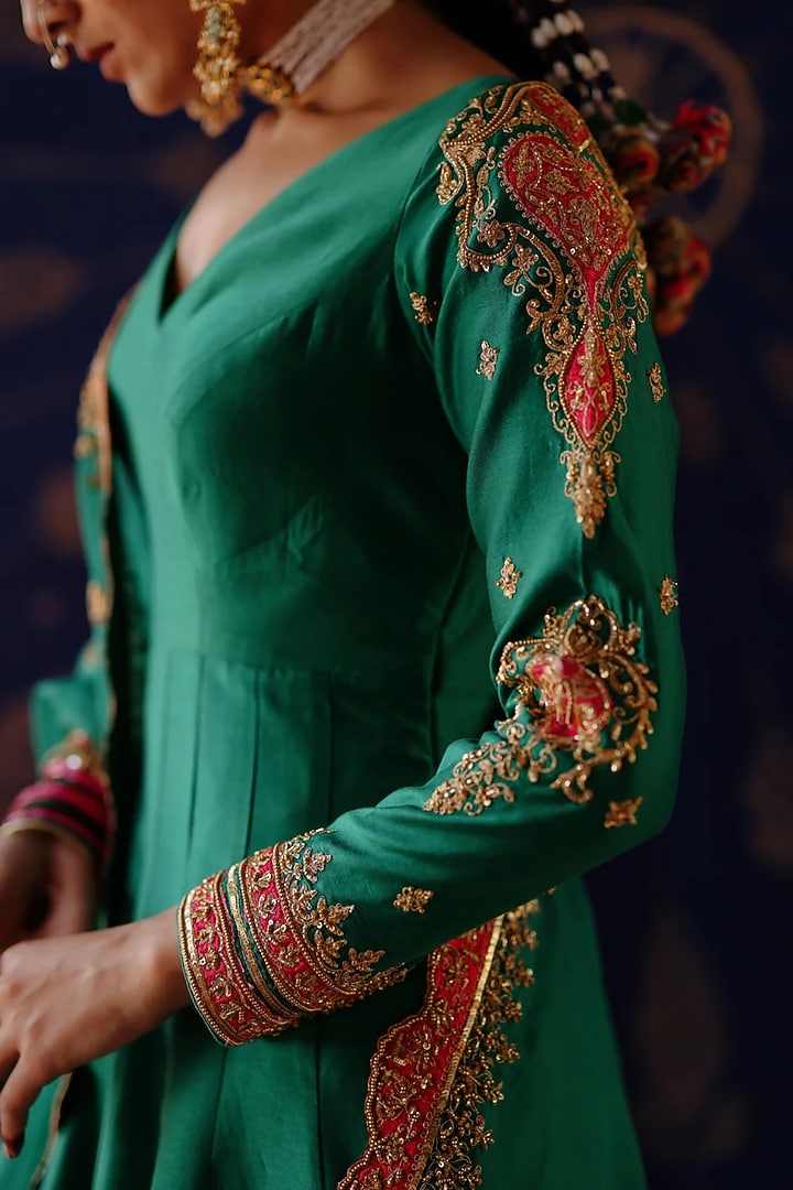 Rama Green Chanderi & Organza Hand Embroidered Wedding Anarkali Set by Jigar Mali at Pernia's Pop Up Shop