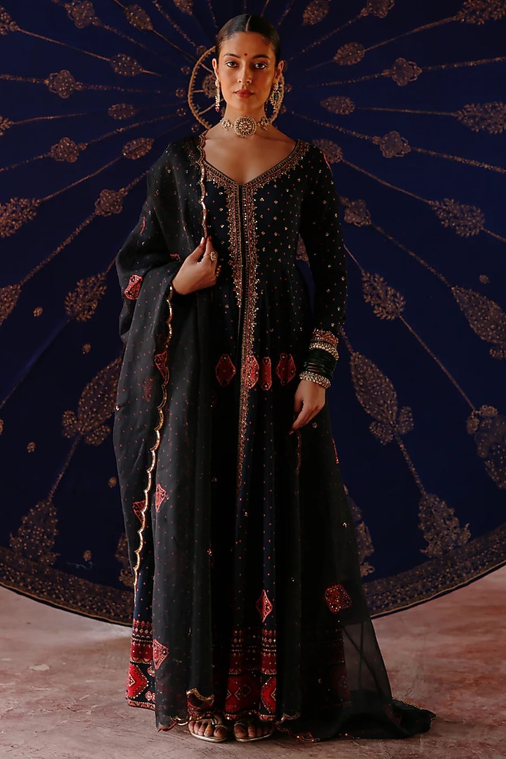 Blue Chanderi & Organza Printed Wedding Anarkali Set by Jigar Mali at Pernia's Pop Up Shop