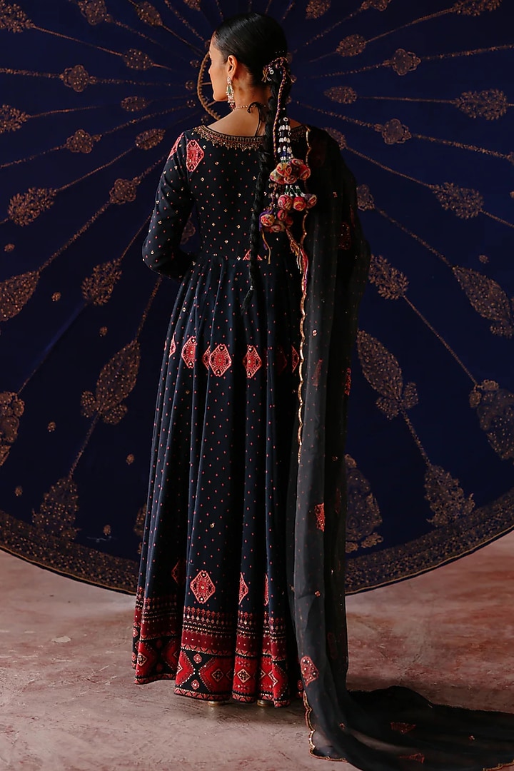 Blue Chanderi & Organza Printed Wedding Anarkali Set by Jigar Mali at Pernia's Pop Up Shop