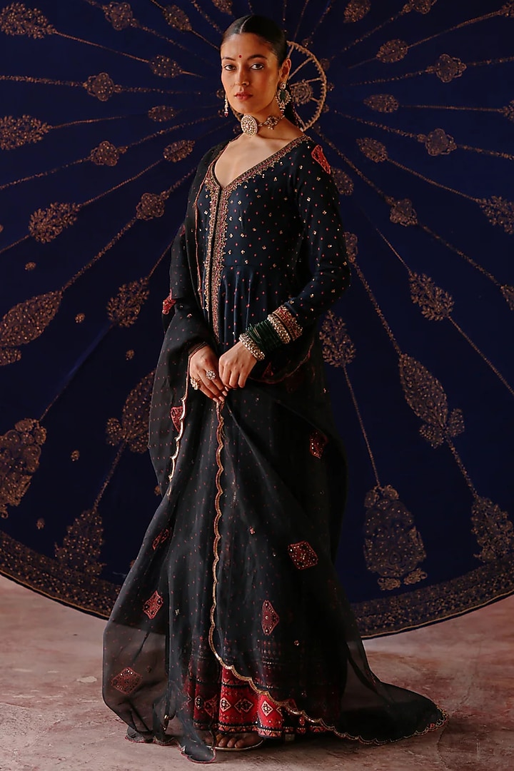 Blue Chanderi & Organza Printed Wedding Anarkali Set by Jigar Mali at Pernia's Pop Up Shop
